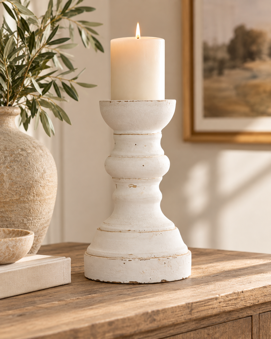 Matt White Large Ceramic Column Candle Holder styled in a warm neutral interior