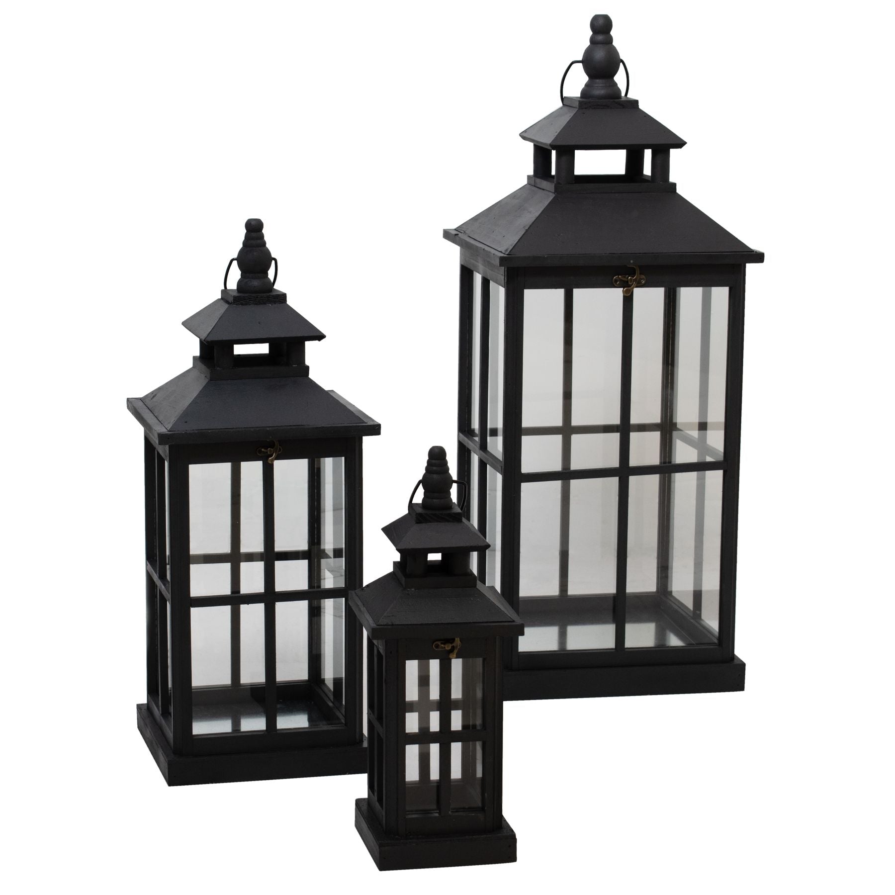Set of Three Black Window Style Lanterns with Open Top