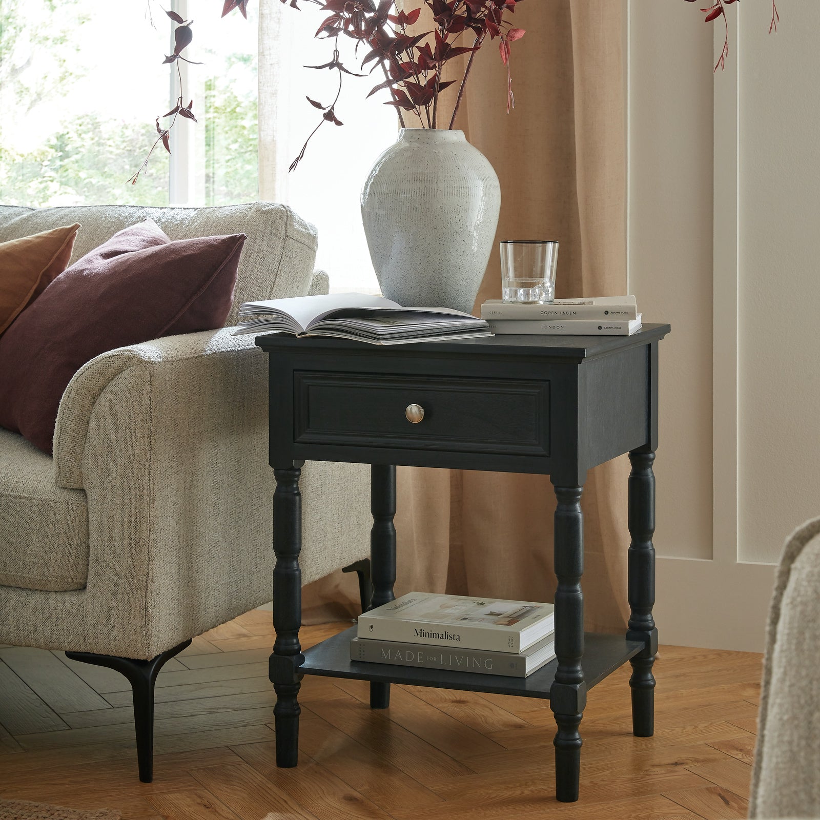 Black Wooden Side Table with Storage
