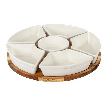 Acacia Lazy Susan with Ceramic Serving Bowls
